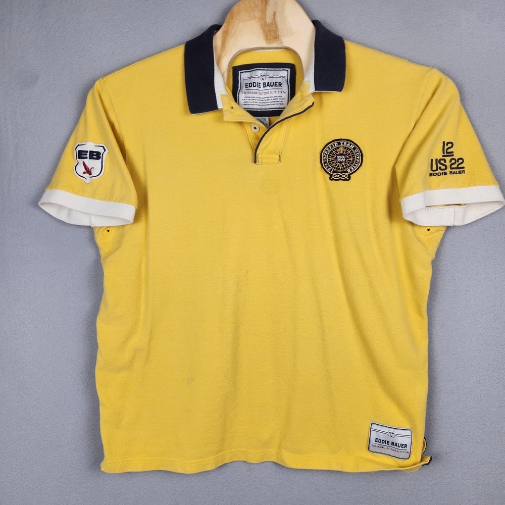 Eddie Bauer Polo Shirt Mens XL Yellow Navy Intrepid Nautical Embroidered Patches